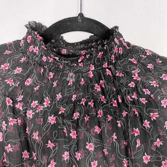 Elizabeth & James Floral Sheer Smocked Top XSmall Black Pink Long Sleeve Blouse - Picture 5 of 12